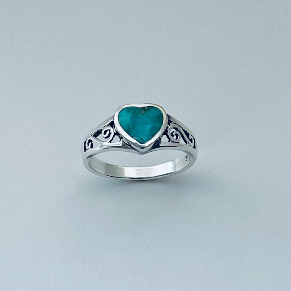 Sterling Silver Swirly and Genuine Turquoise Heart Ring, Silver Rings, Stones